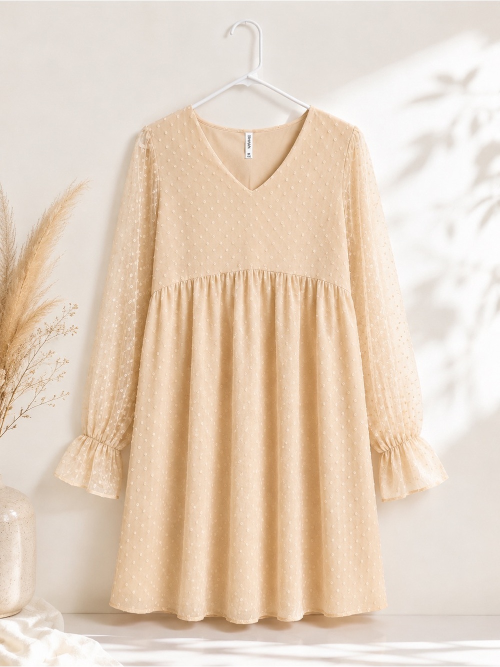 Zenana Outfitters Cream Swiss Dot V‑Neck Babydoll Dress
